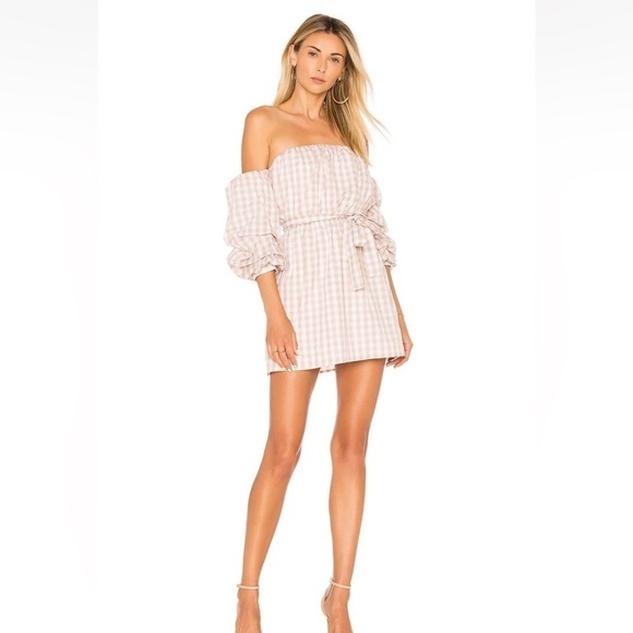 REVOLVE L’Academie The Puff Sleeve Strapless Dress in Taupe Gingham Size Medium - Picture 1 of 6